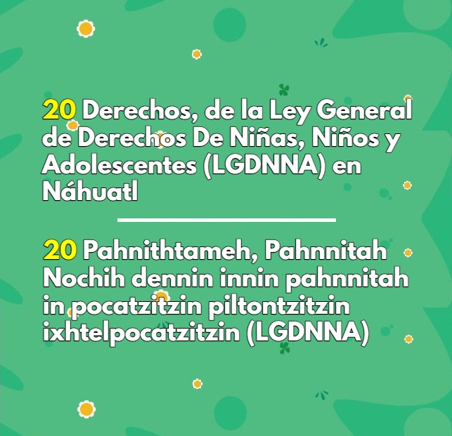 20 Derechos, de la Ley General de Derechos de Niñas, Niños y Adolescentes (LGDNNA) en Náhuatl